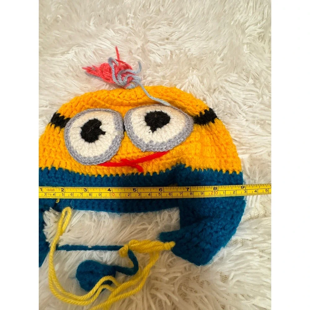 Handmade Crochet Minion Beanie Kids Yellow Blue Earflap Hat Character Knit Cap